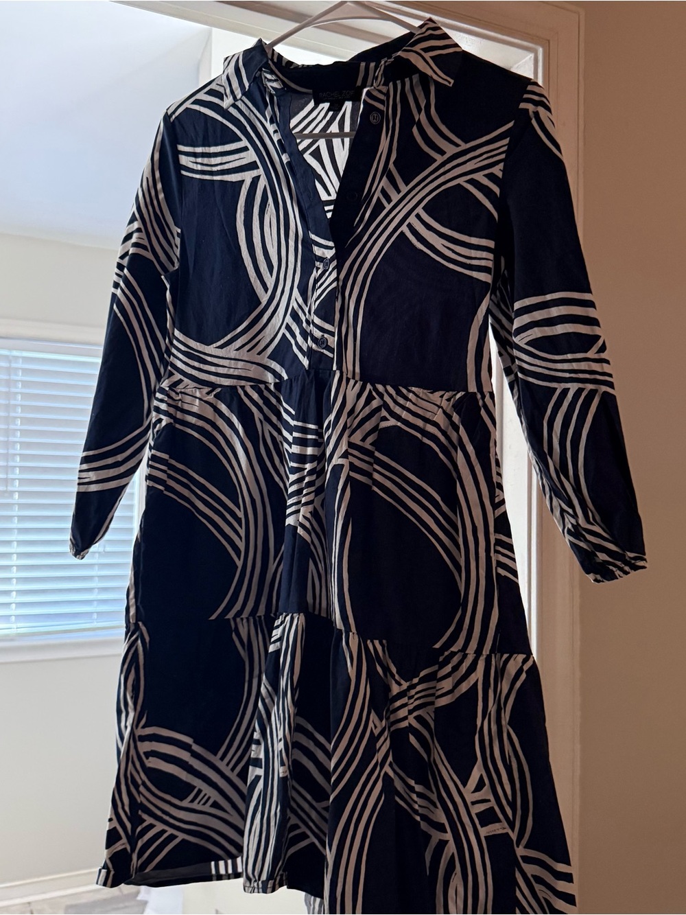 Rachel Zoe Navy and White Long-Sleeve Tiered Shirt Dress